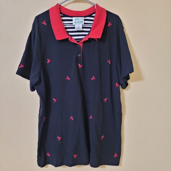 Quacker Factory Black Polo Lobster Embroidery‎ 2X Beachy Island Tropical Summer - Picture 1 of 7